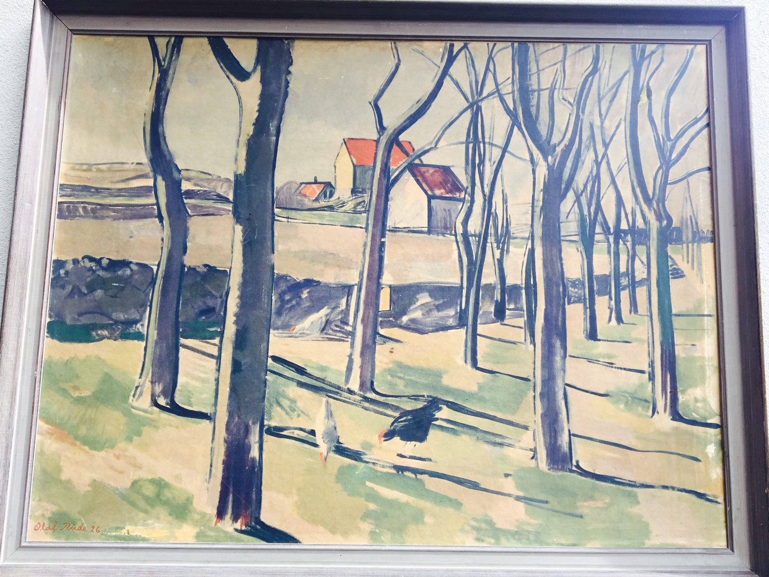 bemærkede ikke Fantastiske suspendere Stor Olaf Rude akvarel m. høns & træer: 1926 – retro-design.dk